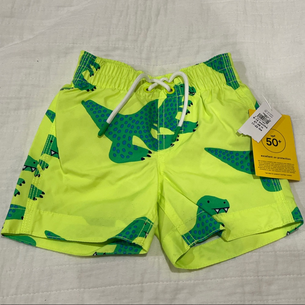 Kids Neon Green Dinosaur Swim Shorts